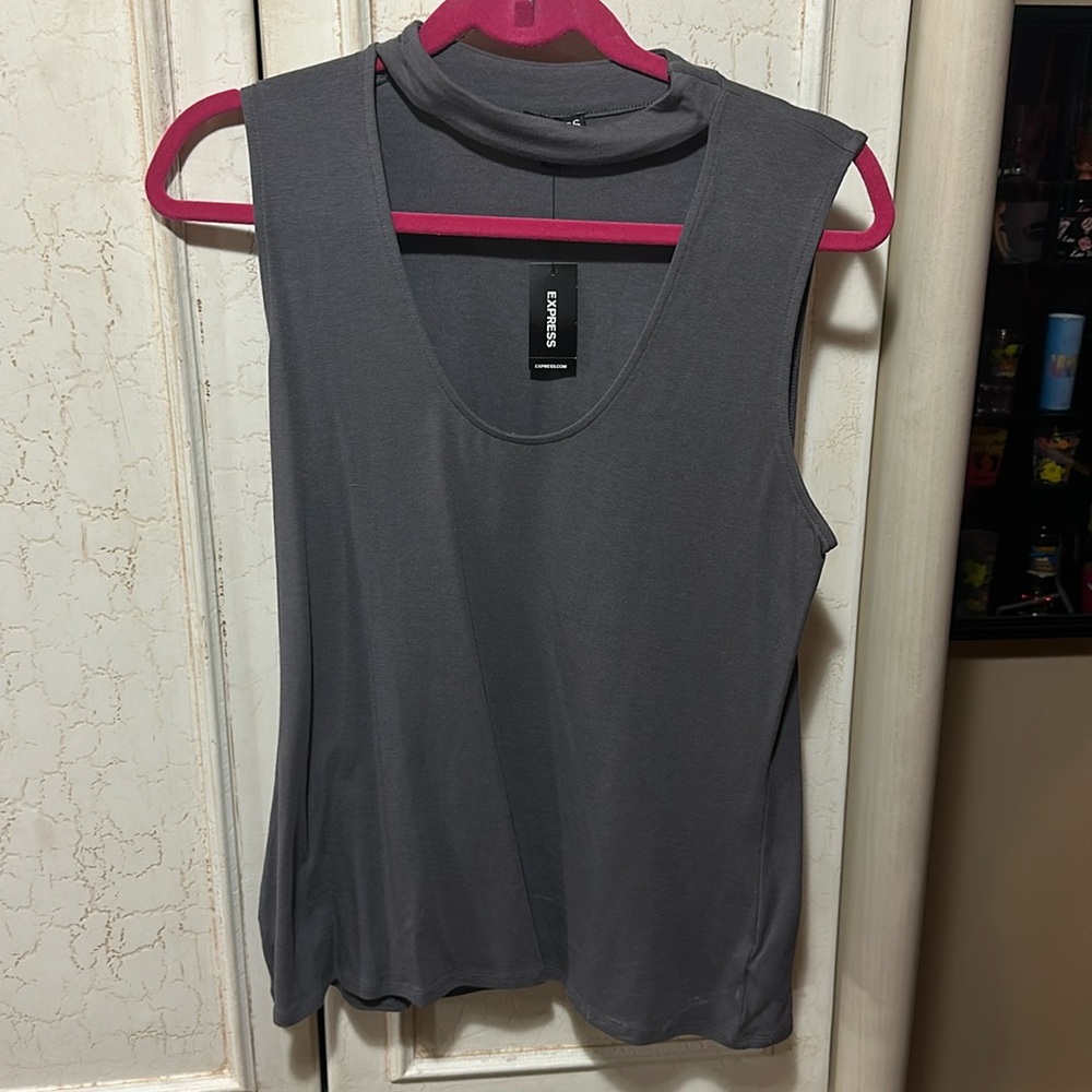 Grey sleeveless blouse with cutout neck